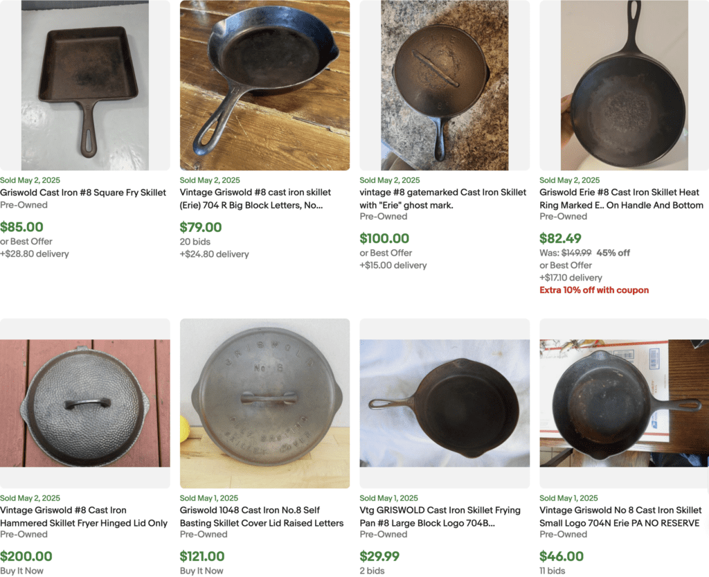 Sold prices from eBay for eight Griswold number 8 skillets. 